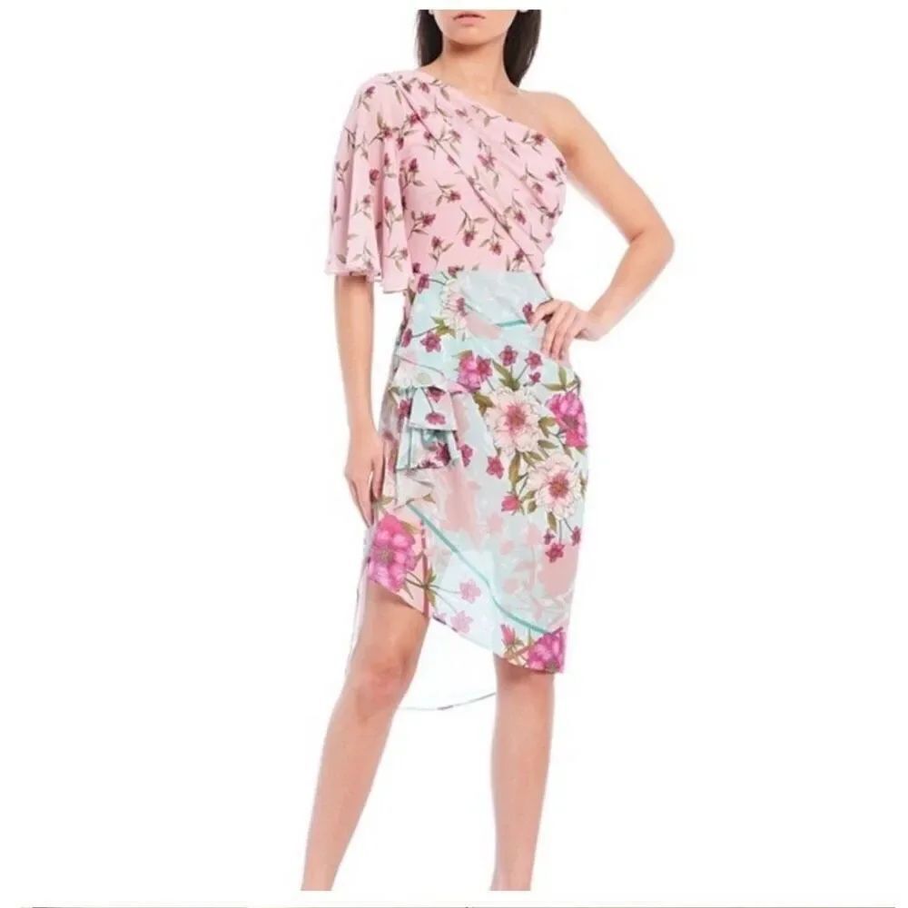 Belle Badgley Mischka Opal floral mix print color one shoulder dress 2